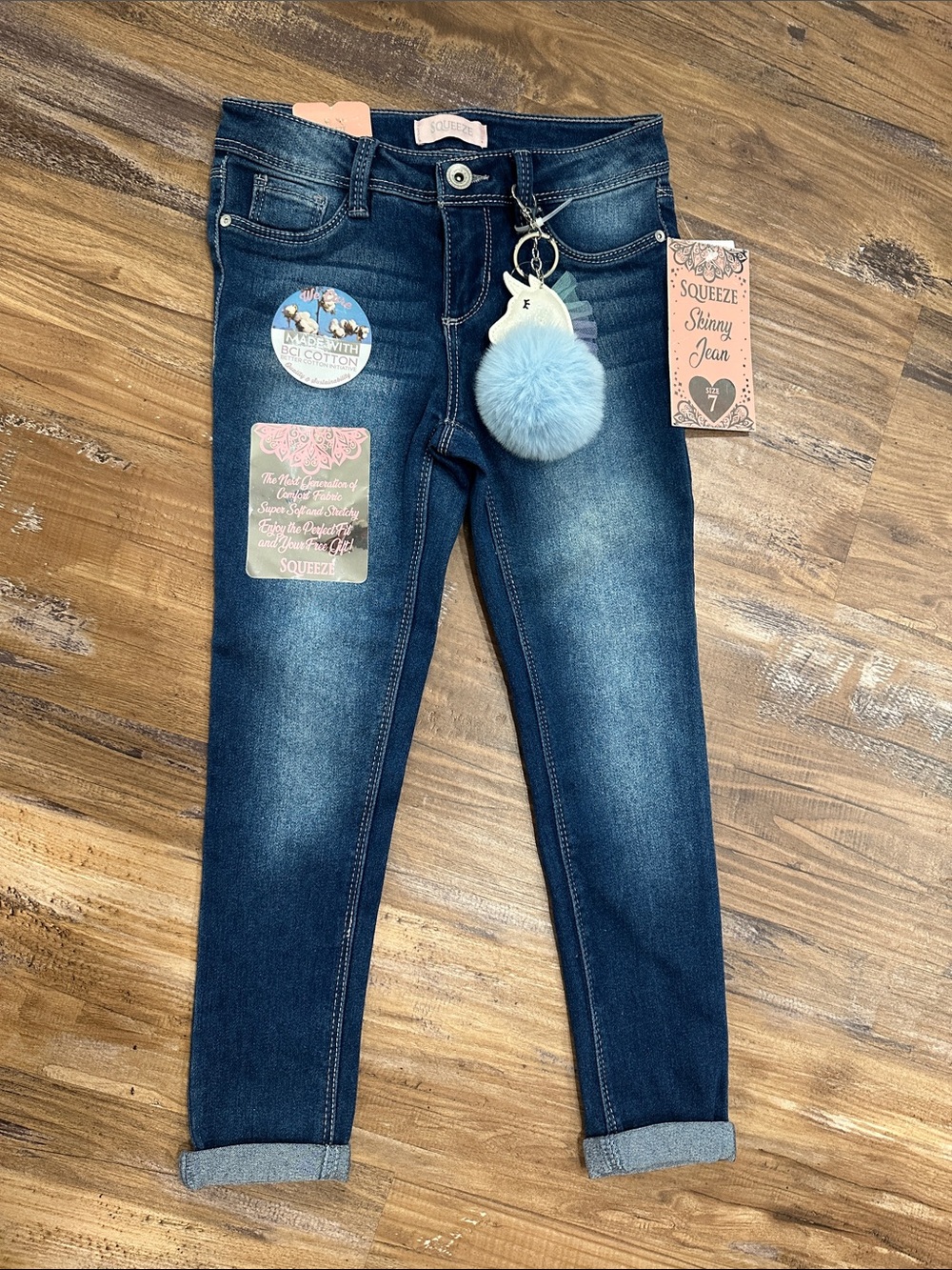 Squeeze Girls Dark Blue Skinny Jeans with Light Blue Pom Charm